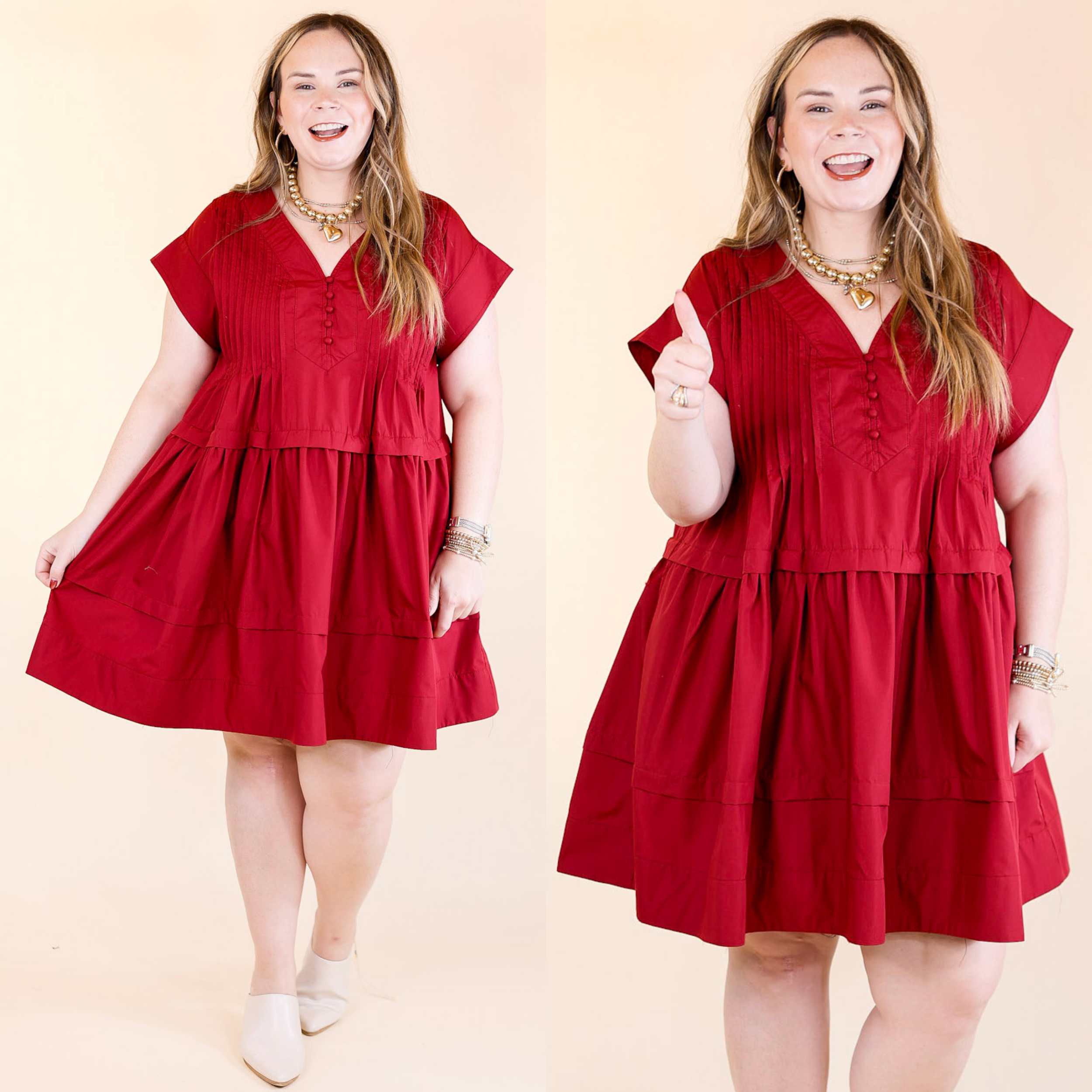 Dainty Details Short Sleeve Dress with Pleated Detailing in Maroon