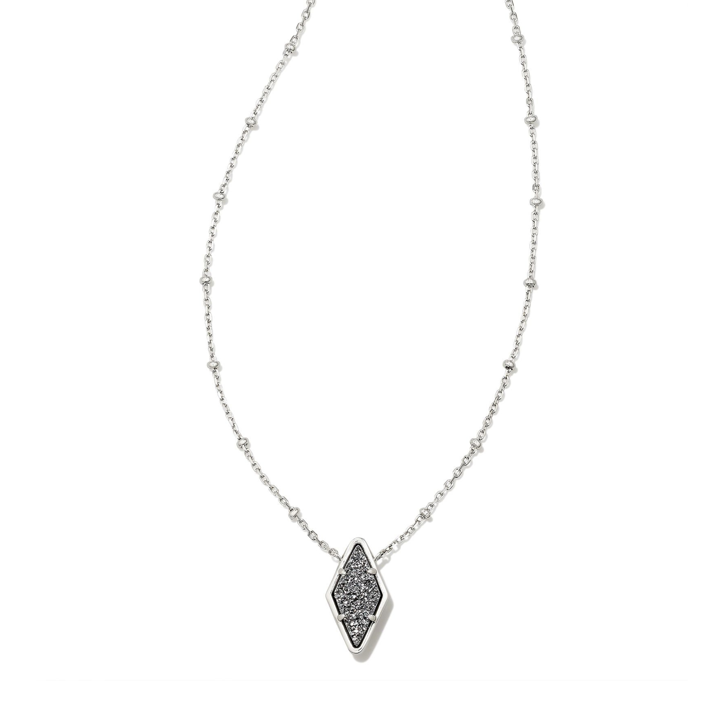 Silver necklace with diamond shaped pendant in platinum drusy pictured on a white background.