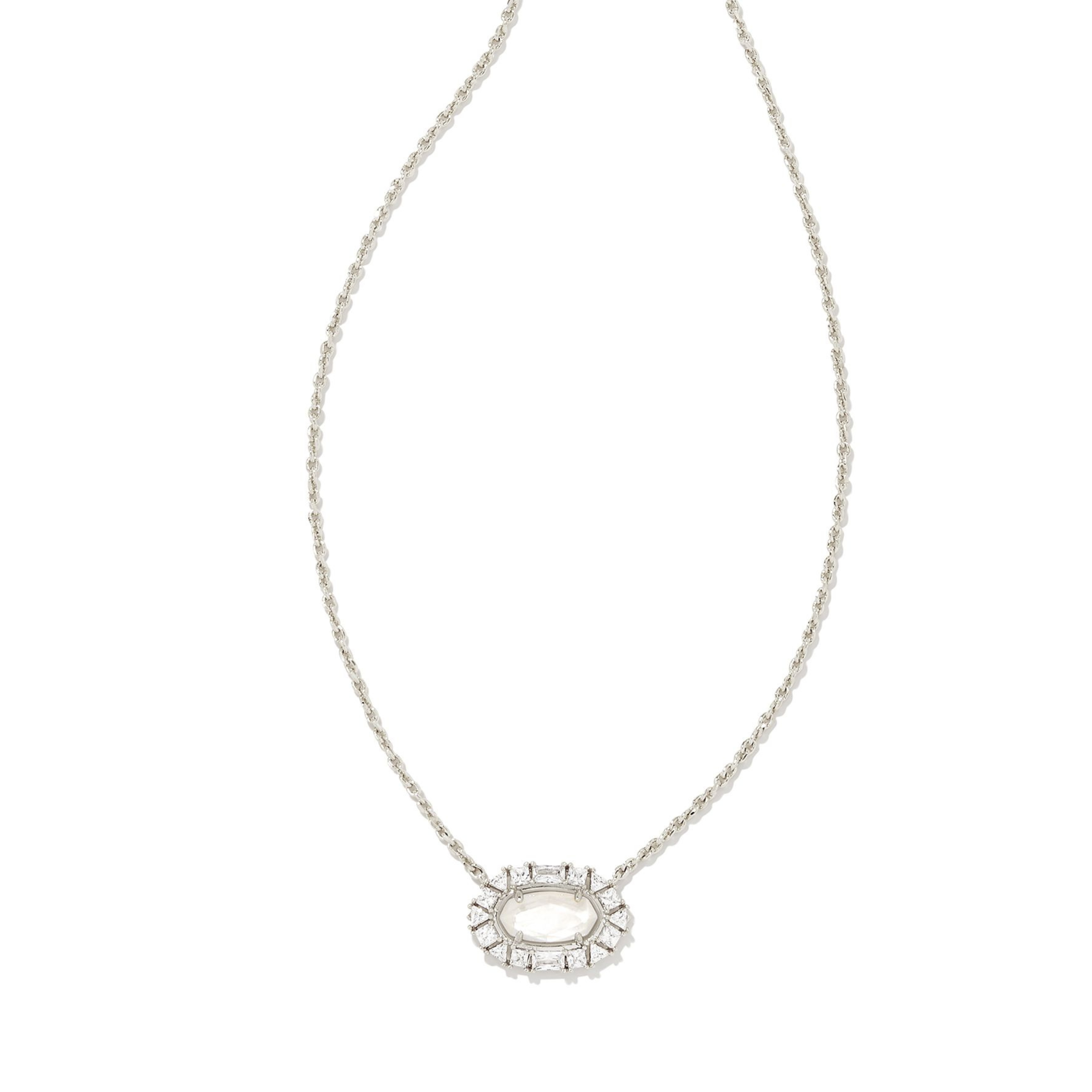 Silver chain necklace with a clear crystal and ivory mother of pearl oval pendant pictured on a white background. 