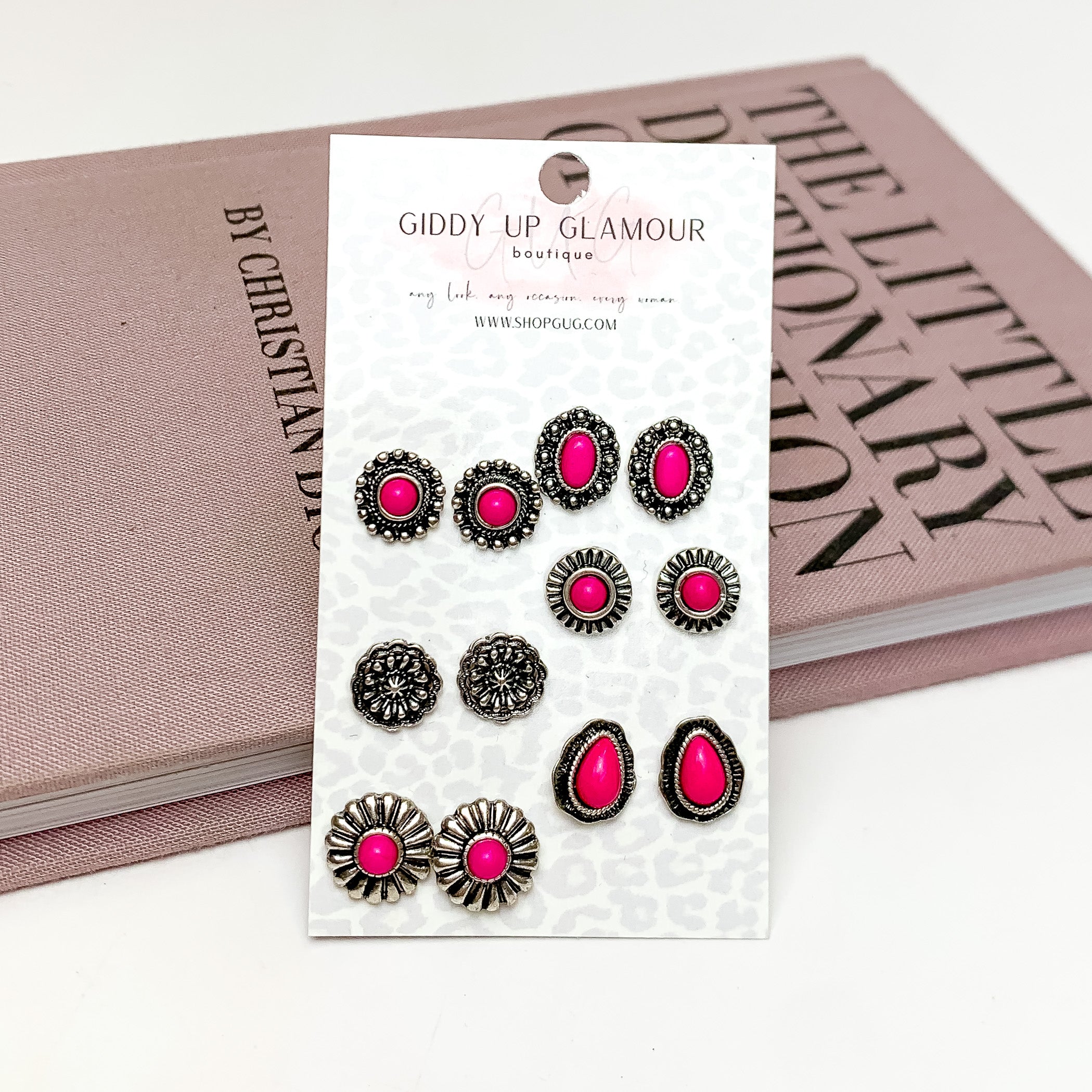 Set of Six | Fuchsia Pink and Silver Tone Designed Stud Earrings