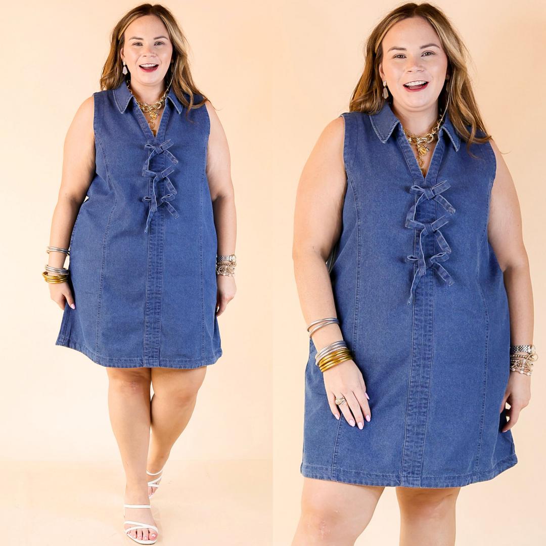 True Blue Sleeveless Collared Denim Dress with Bows M True Blue Sleeveless Collared Denim Dress with Bows M