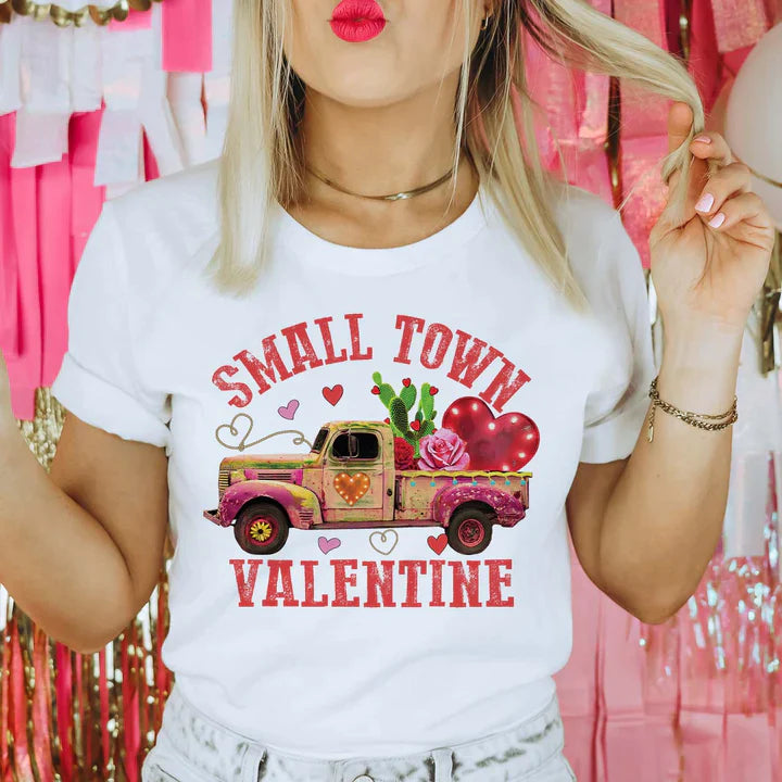 Online Exclusive | Small Town Valentine Short Sleeve Graphic Tee in White - Giddy Up Glamour Boutique