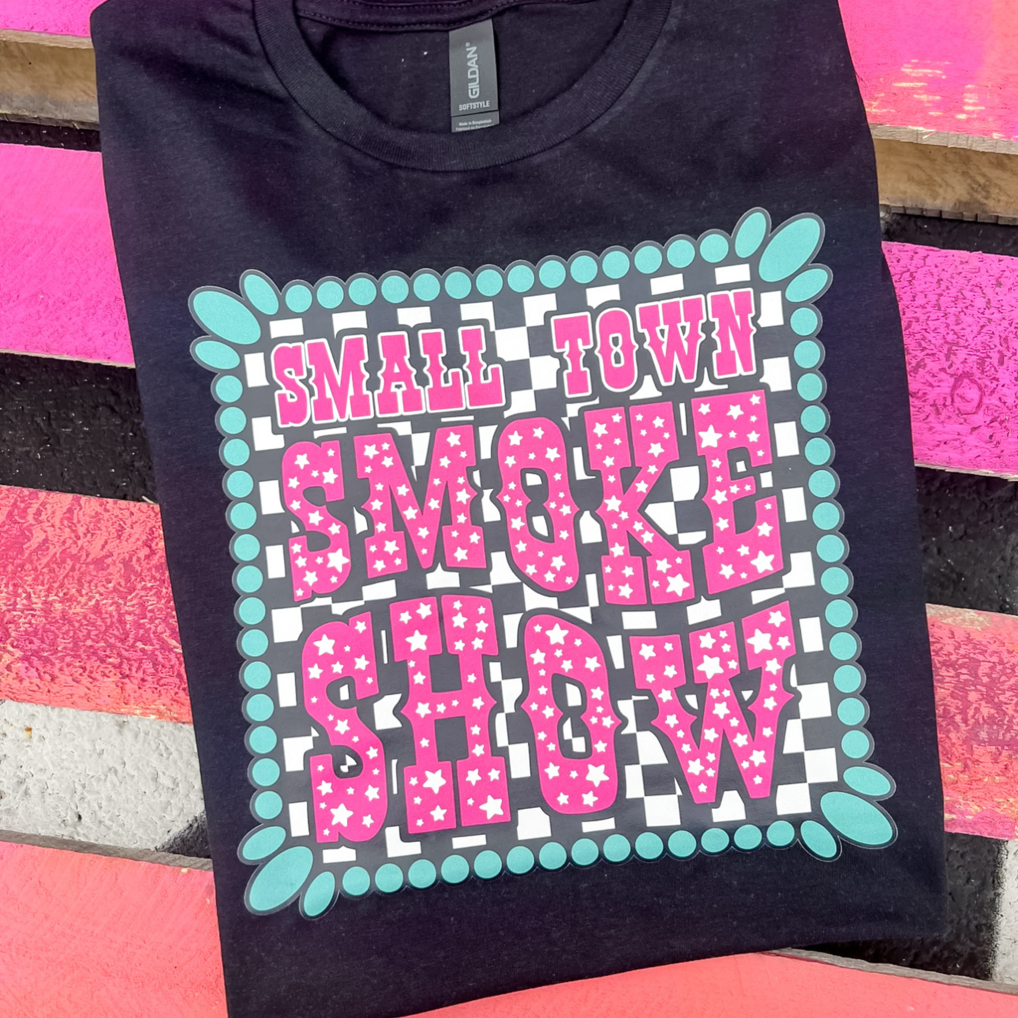 Online Exclusive | Small Town Smoke Show Short Sleeve Graphic Tee in Black - Giddy Up Glamour Boutique
