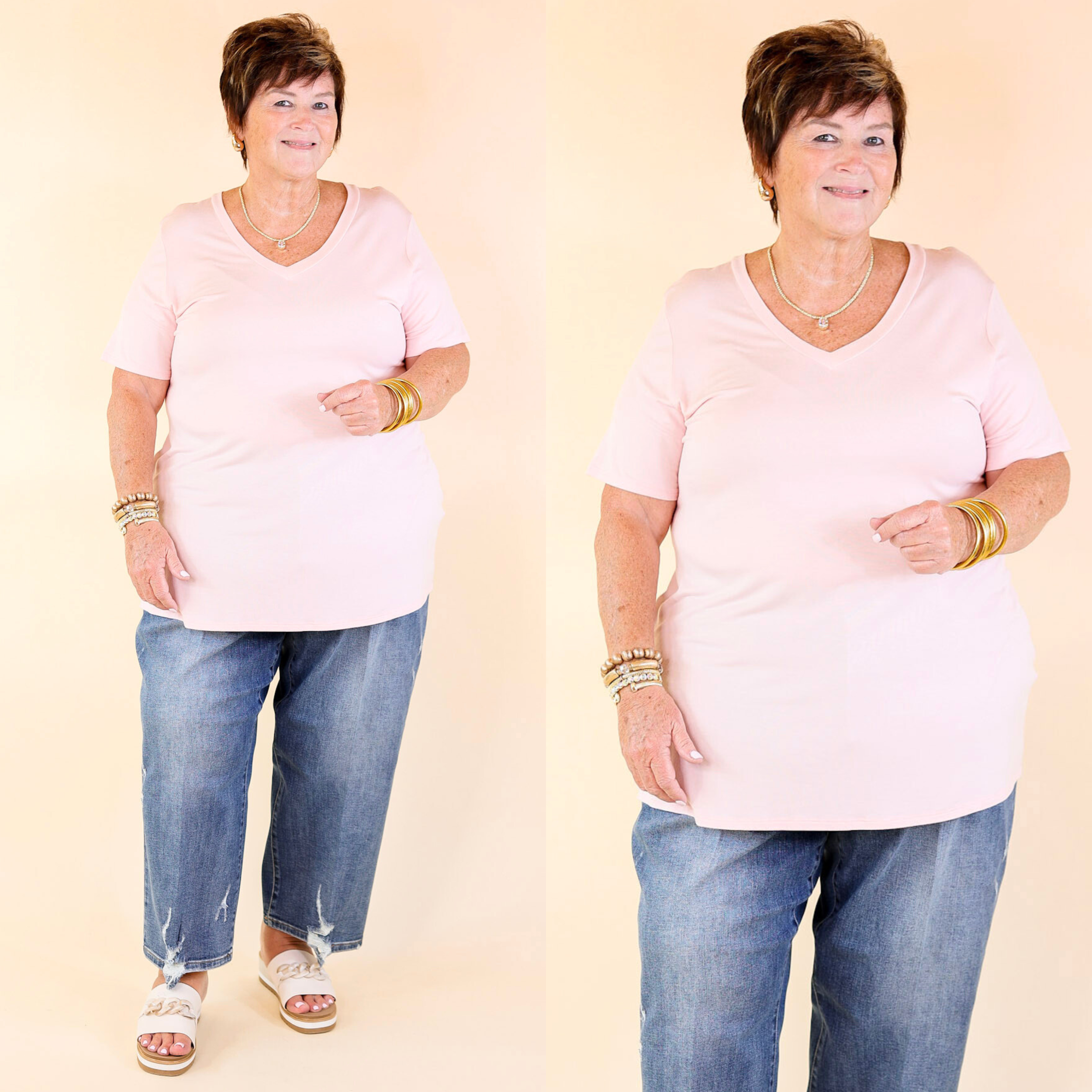 It's That Simple Solid V Neck Tee in Pastel Pink