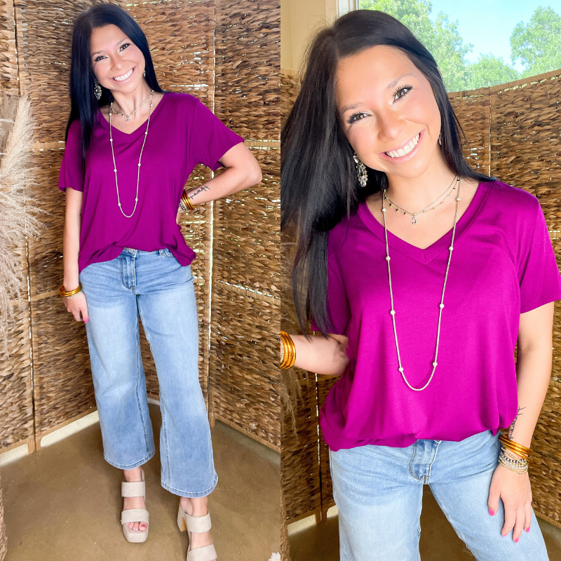 It's That Simple Solid V Neck Tee in Magenta Purple