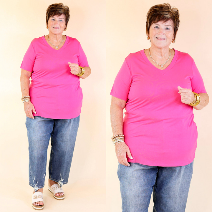 Last Chance Size Small & Medium | It's That Simple Solid V Neck Tee in Fuchsia Pink