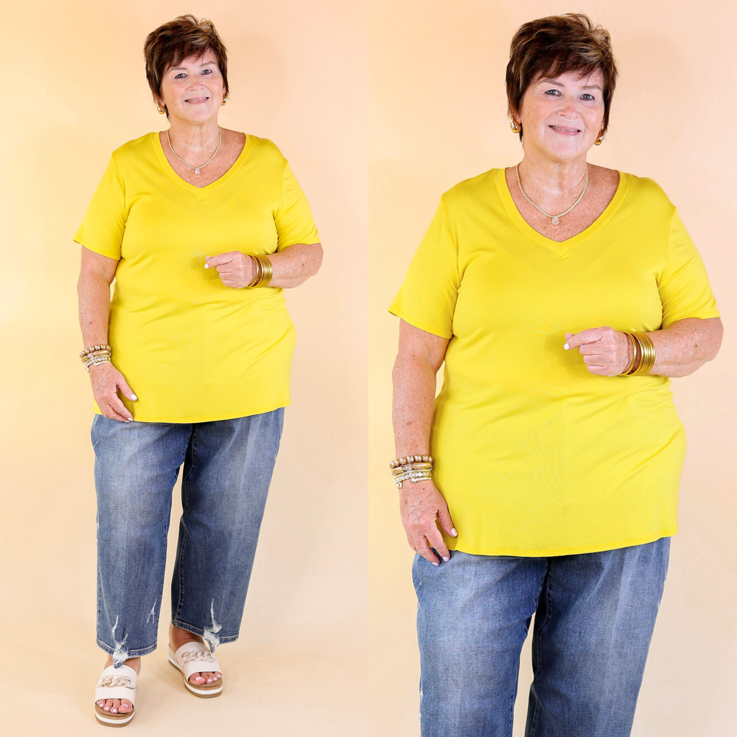 It's That Simple Solid V Neck Tee in Yellow