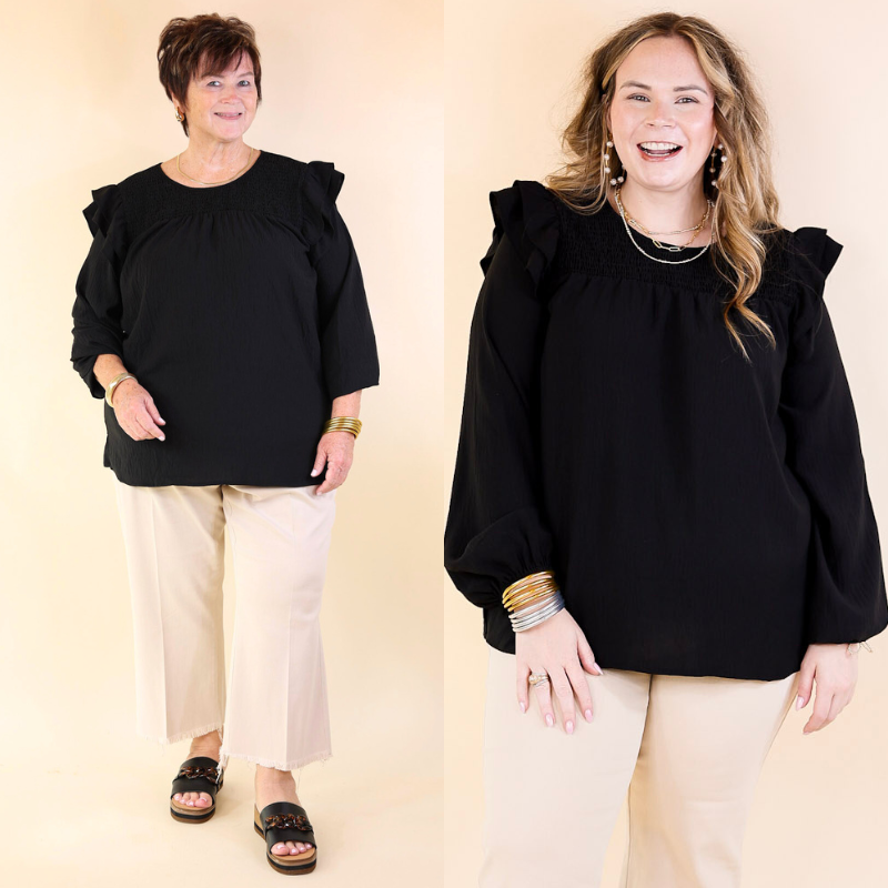 Balcony Nights Ruffle Shoulder Long Sleeve Blouse in Black