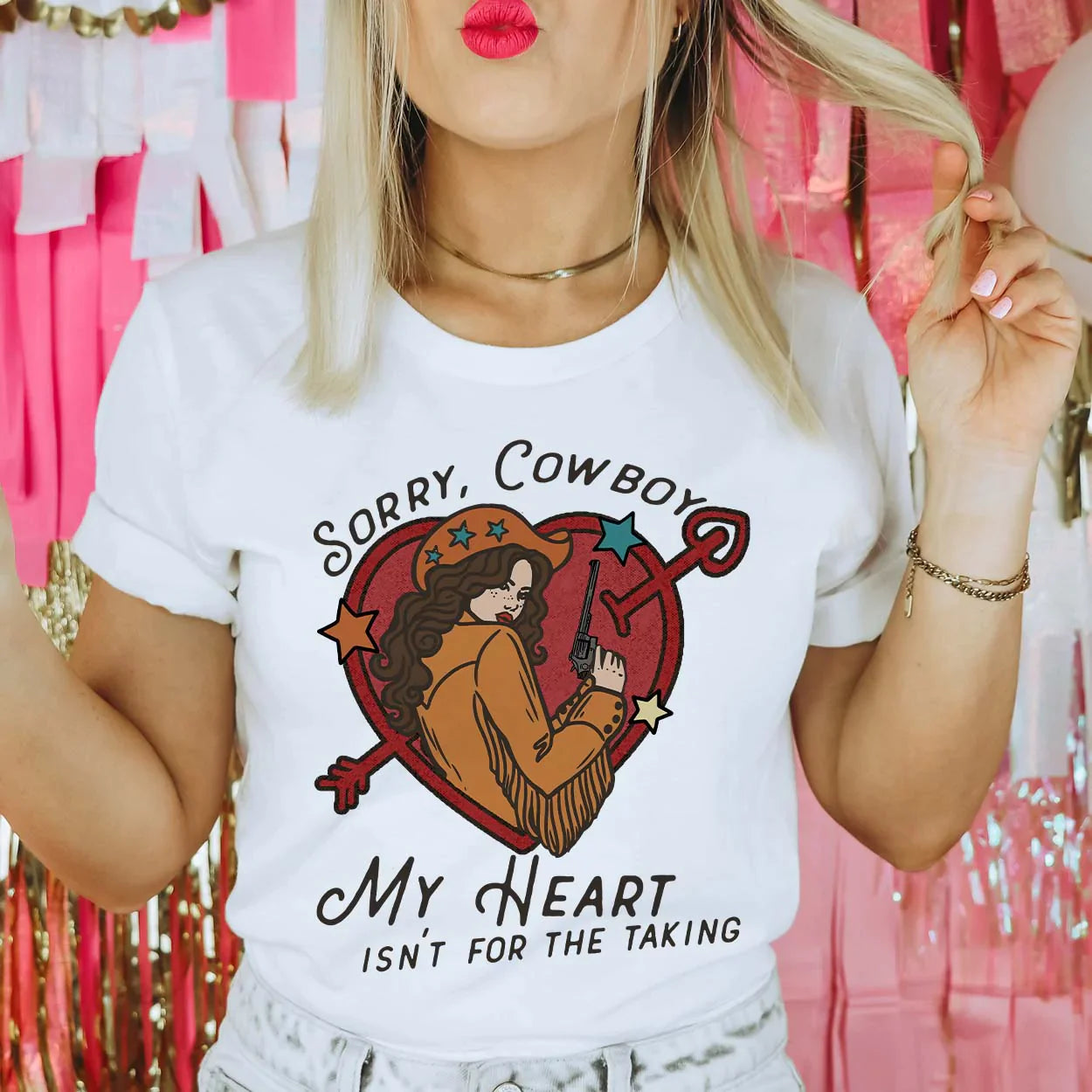 Online Exclusive | Sorry, Cowboy Short Sleeve Graphic Tee in White - Giddy Up Glamour Boutique