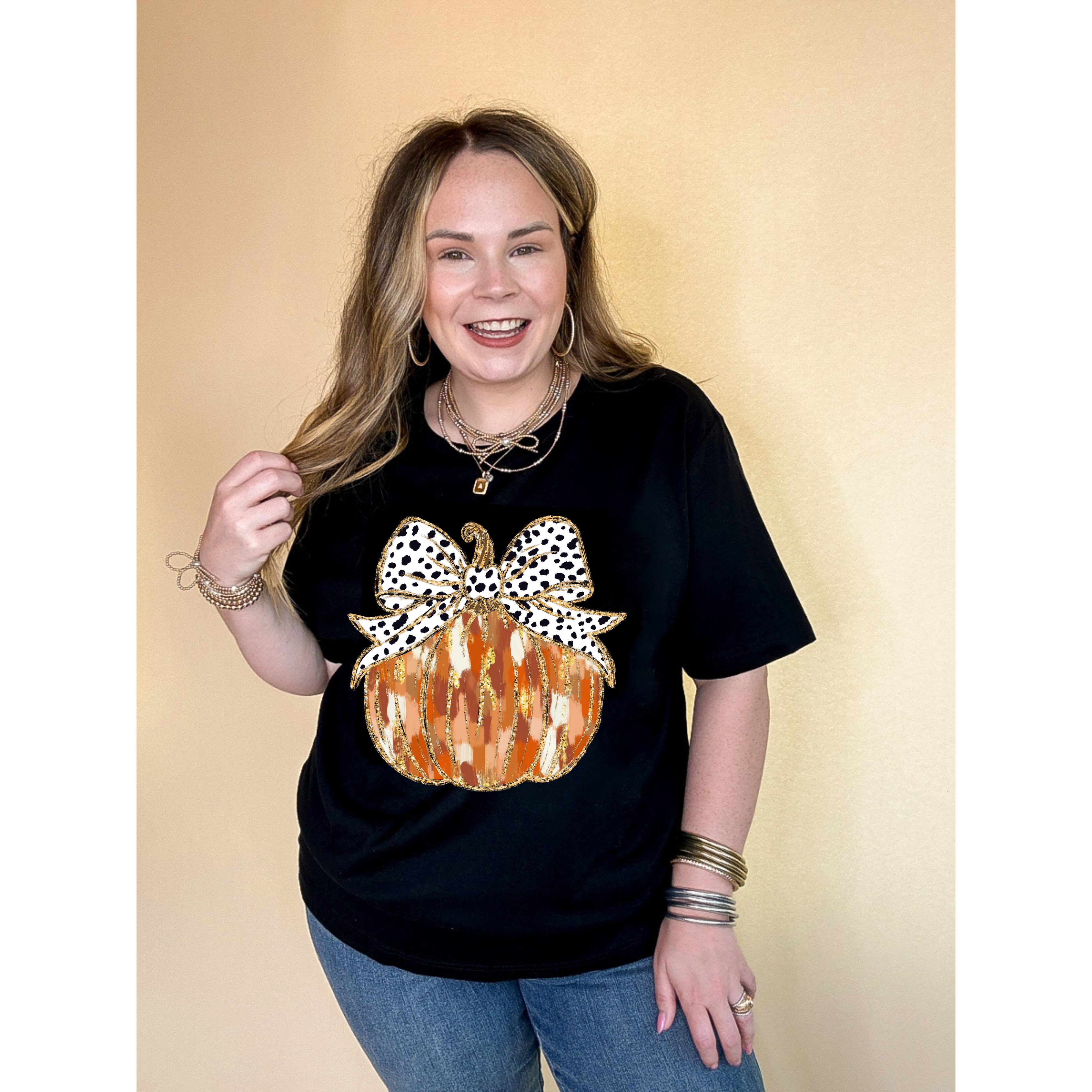 Online Exclusive | Spots & Spice Fall colored Pumpkin with Dotted Bow Graphic Tee in Multiple Color Options