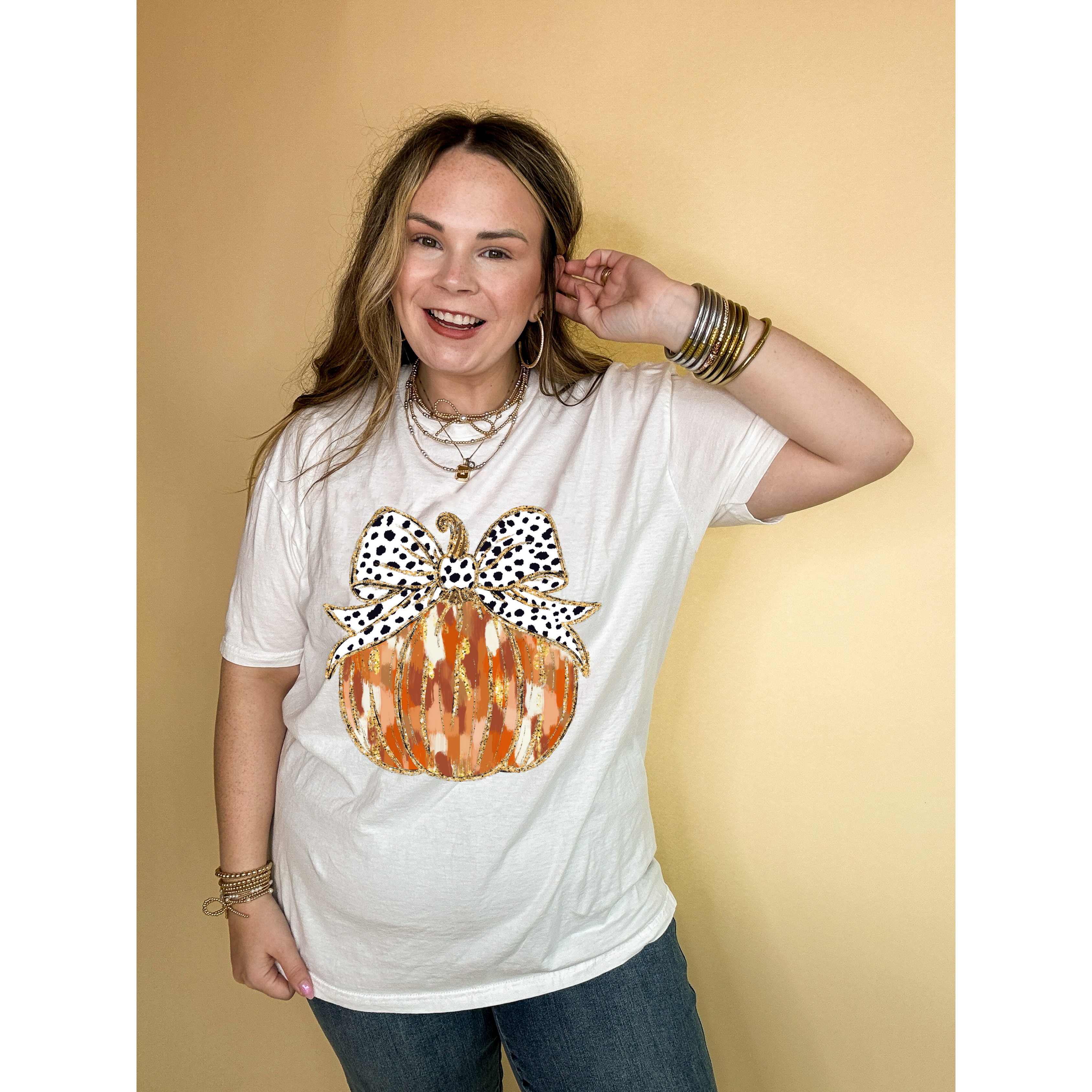 Online Exclusive | Spots & Spice Fall colored Pumpkin with Dotted Bow Graphic Tee in Multiple Color Options