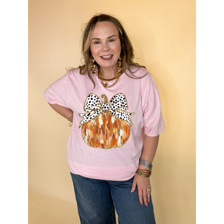 Online Exclusive | Spots & Spice Fall colored Pumpkin with Dotted Bow Graphic Tee in Multiple Color Options