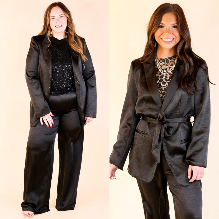 My Everything Satin Waist Tie Blazer in Black