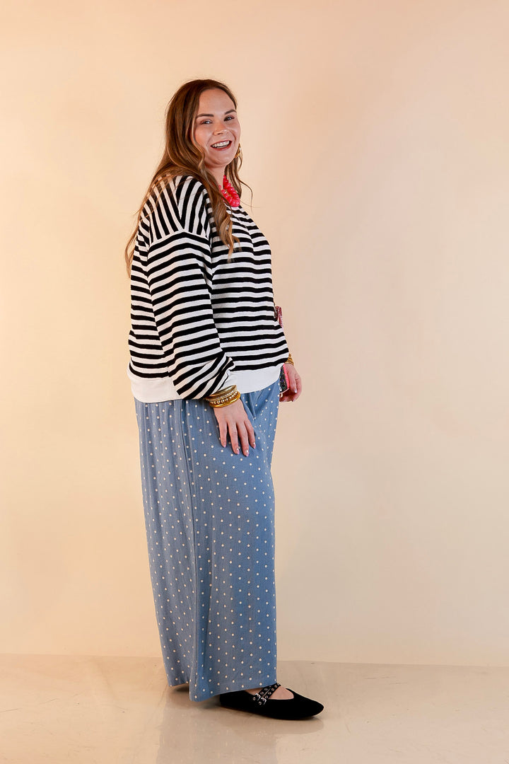 Plus Size | Straight and Narrow Striped Drop Shoulder Long Sleeve Pullover Top in Black and Ivory