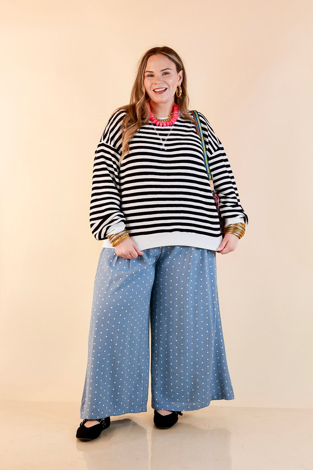 Plus Size | Straight and Narrow Striped Drop Shoulder Long Sleeve Pullover Top in Black and Ivory