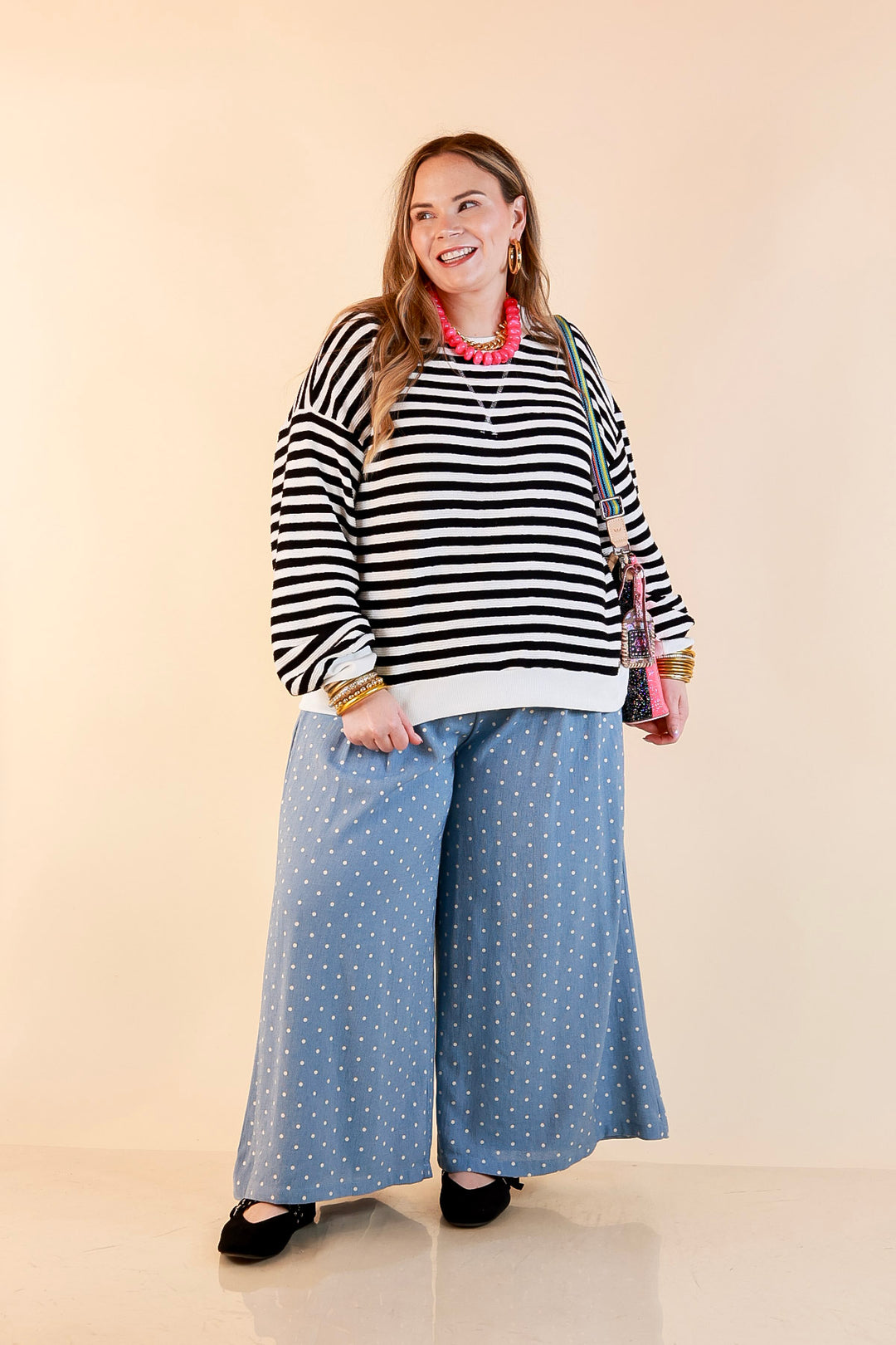 Plus Size | Straight and Narrow Striped Drop Shoulder Long Sleeve Pullover Top in Black and Ivory