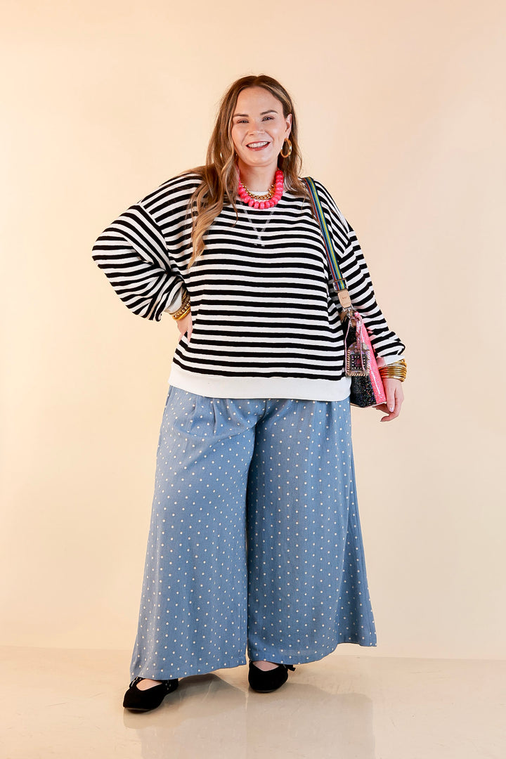Plus Size | Straight and Narrow Striped Drop Shoulder Long Sleeve Pullover Top in Black and Ivory