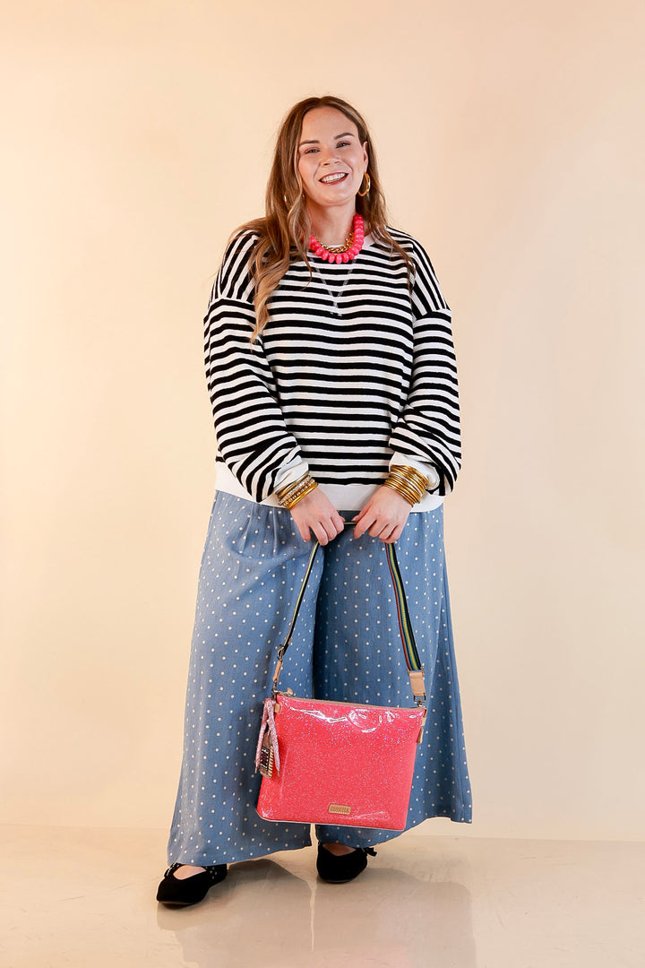 Plus Size | Straight and Narrow Striped Drop Shoulder Long Sleeve Pullover Top in Black and Ivory