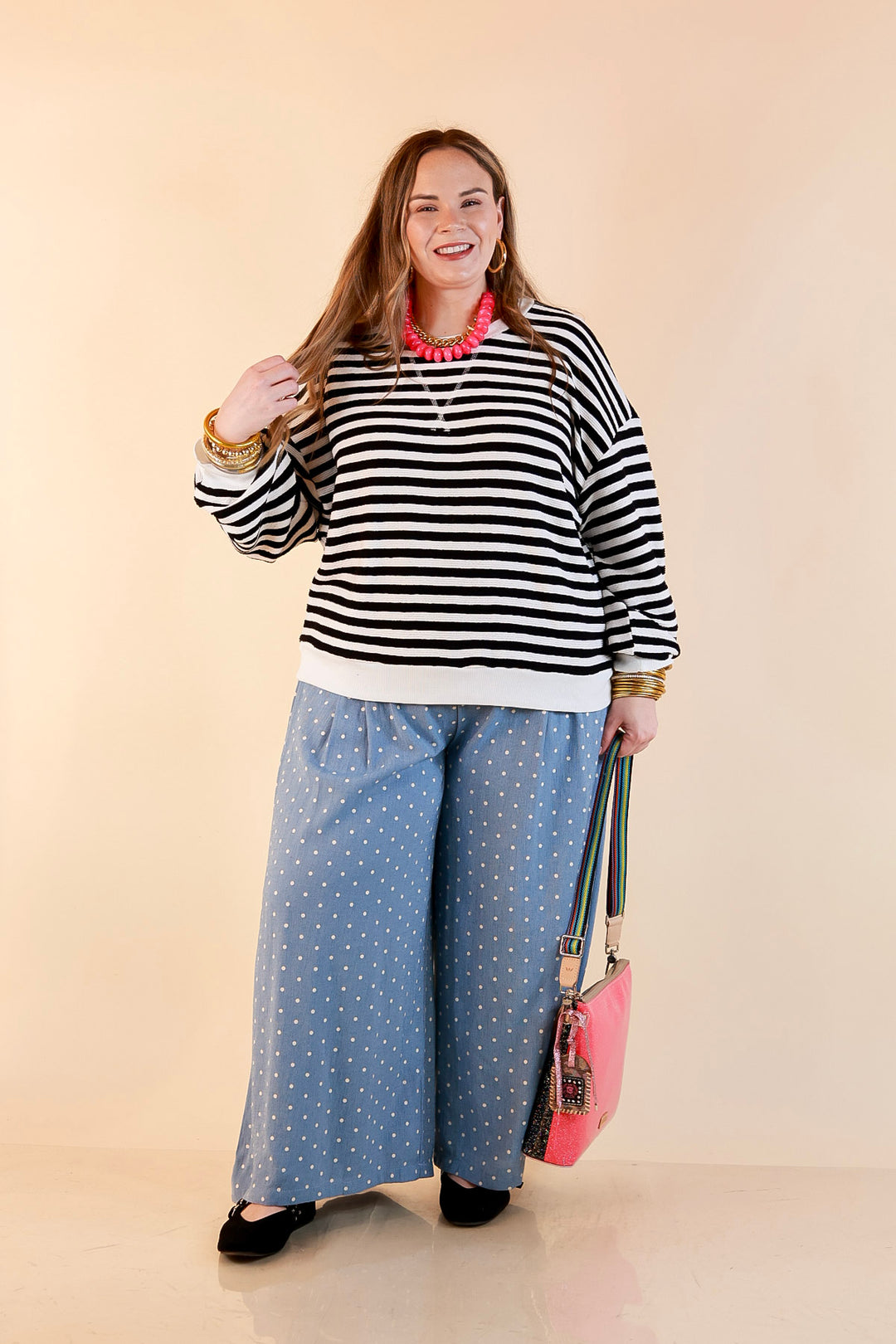 Plus Size | Straight and Narrow Striped Drop Shoulder Long Sleeve Pullover Top in Black and Ivory