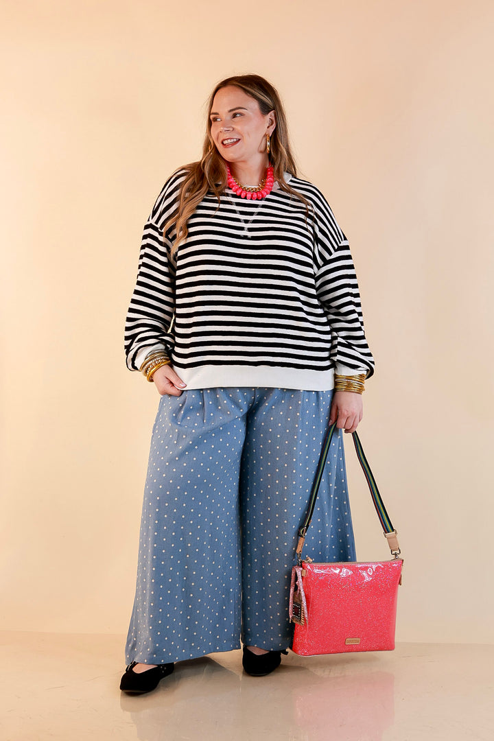 Plus Size | Straight and Narrow Striped Drop Shoulder Long Sleeve Pullover Top in Black and Ivory