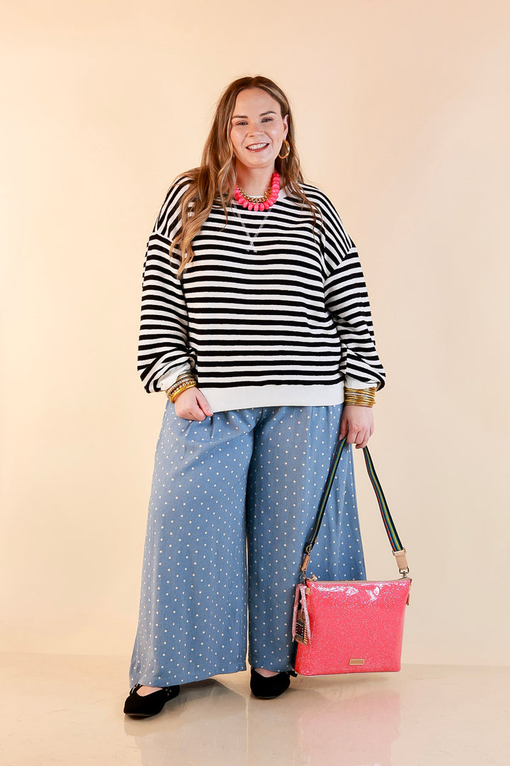 Plus Size | Straight and Narrow Striped Drop Shoulder Long Sleeve Pullover Top in Black and Ivory