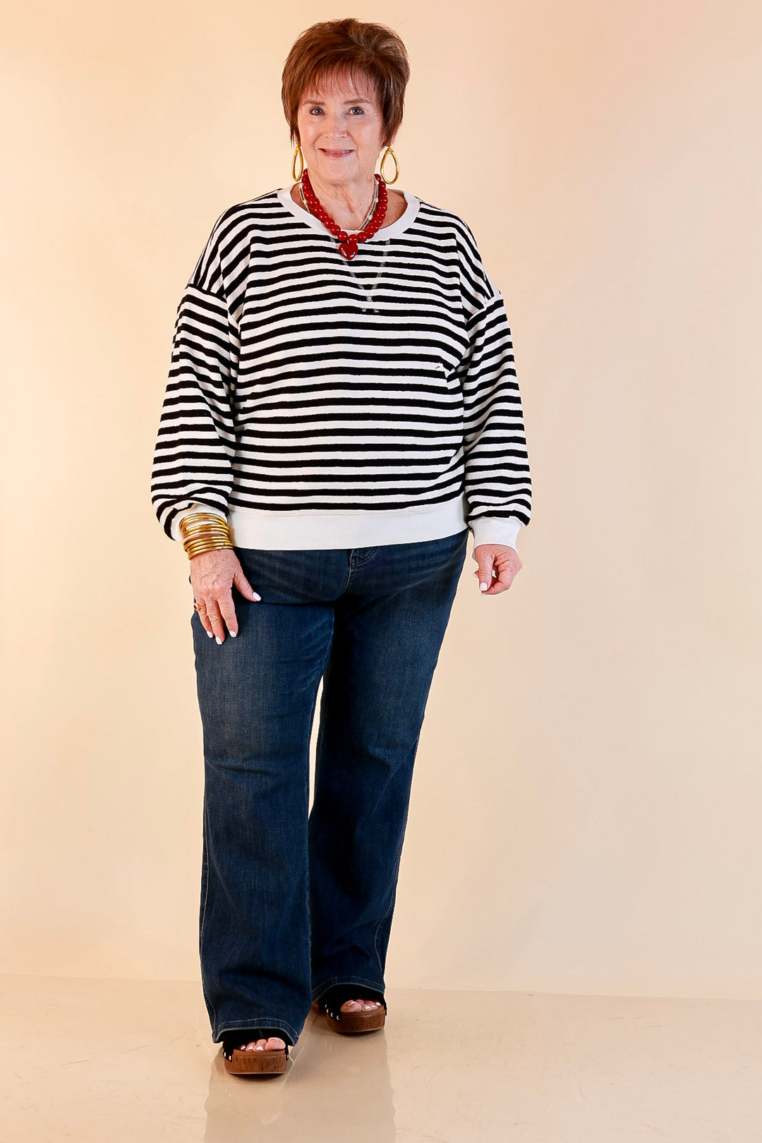 Plus Size | Straight and Narrow Striped Drop Shoulder Long Sleeve Pullover Top in Black and Ivory