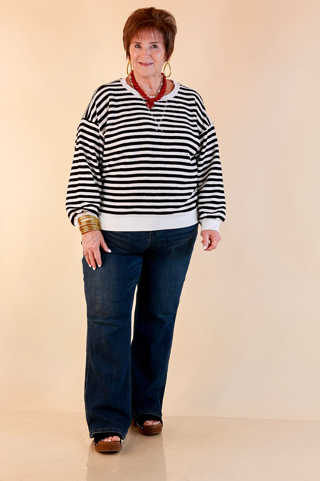 Plus Size | Straight and Narrow Striped Drop Shoulder Long Sleeve Pullover Top in Black and Ivory