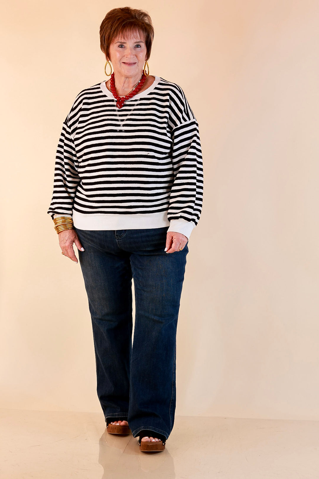Plus Size | Straight and Narrow Striped Drop Shoulder Long Sleeve Pullover Top in Black and Ivory