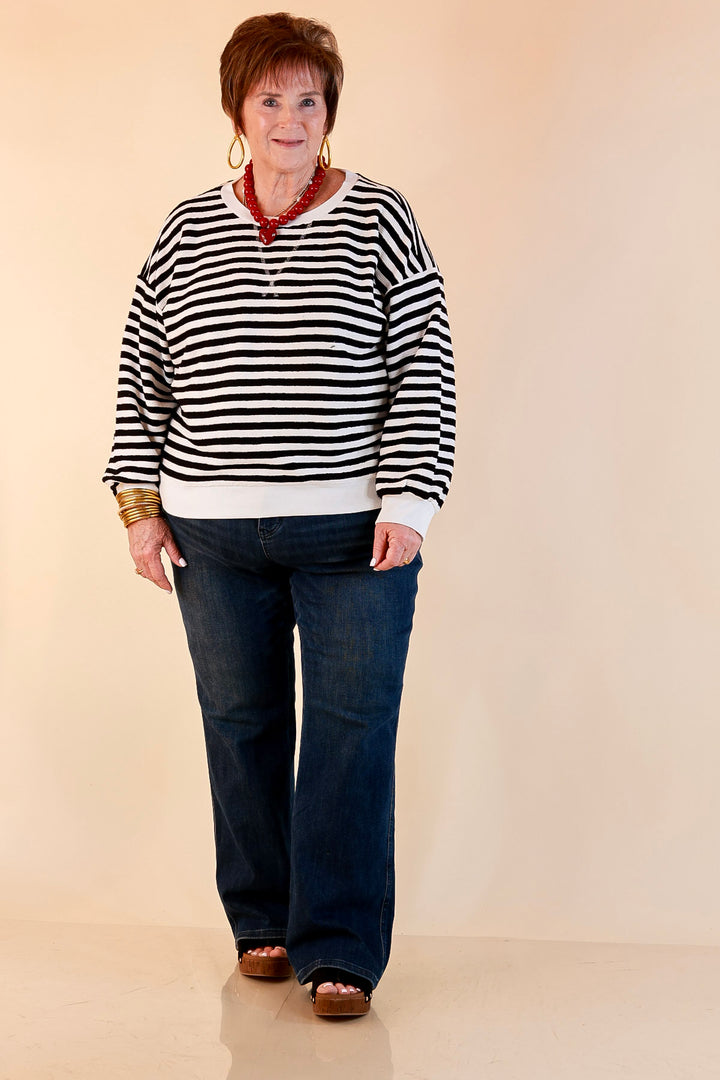 Plus Size | Straight and Narrow Striped Drop Shoulder Long Sleeve Pullover Top in Black and Ivory