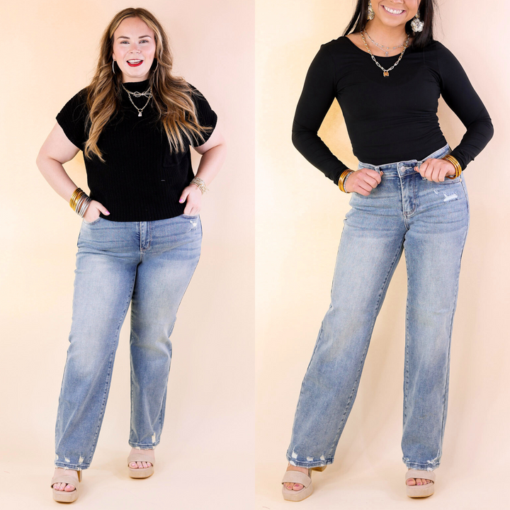 Judy Blue | Elegant Edge Straight Leg Jean with Distressed Hem in Medium Wash - Giddy Up Glamour Boutique