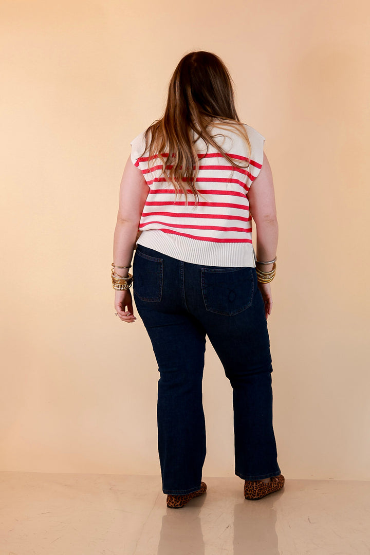 Stripe Things Up Drop Shoulder Knit Sweater in White with Hot Pink Stripes