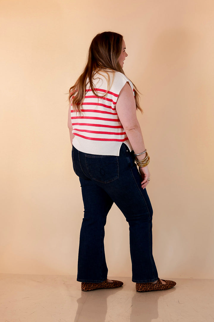 Stripe Things Up Drop Shoulder Knit Sweater in White with Hot Pink Stripes
