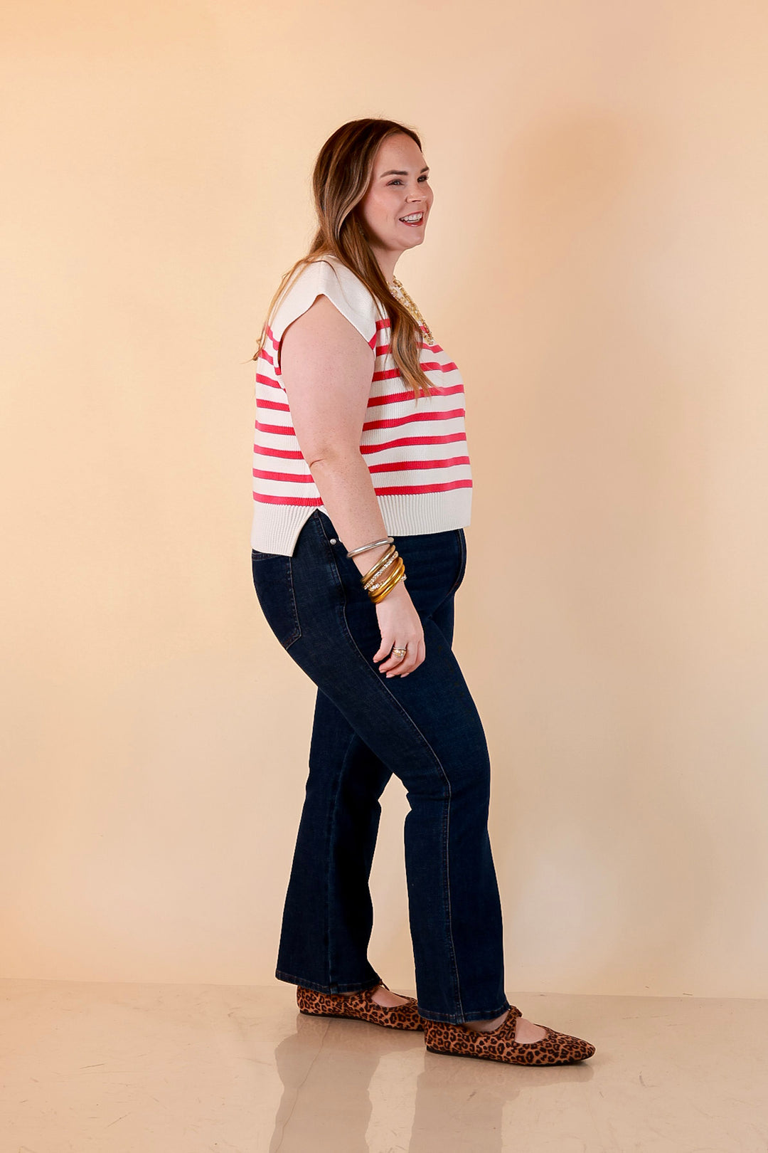 Stripe Things Up Drop Shoulder Knit Sweater in White with Hot Pink Stripes