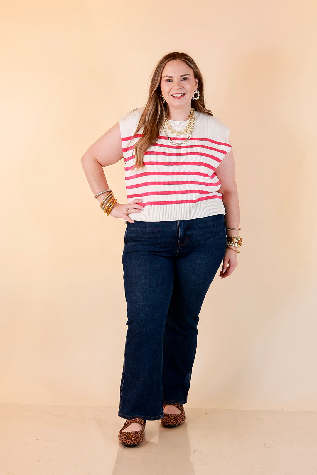Stripe Things Up Drop Shoulder Knit Sweater in White with Hot Pink Stripes