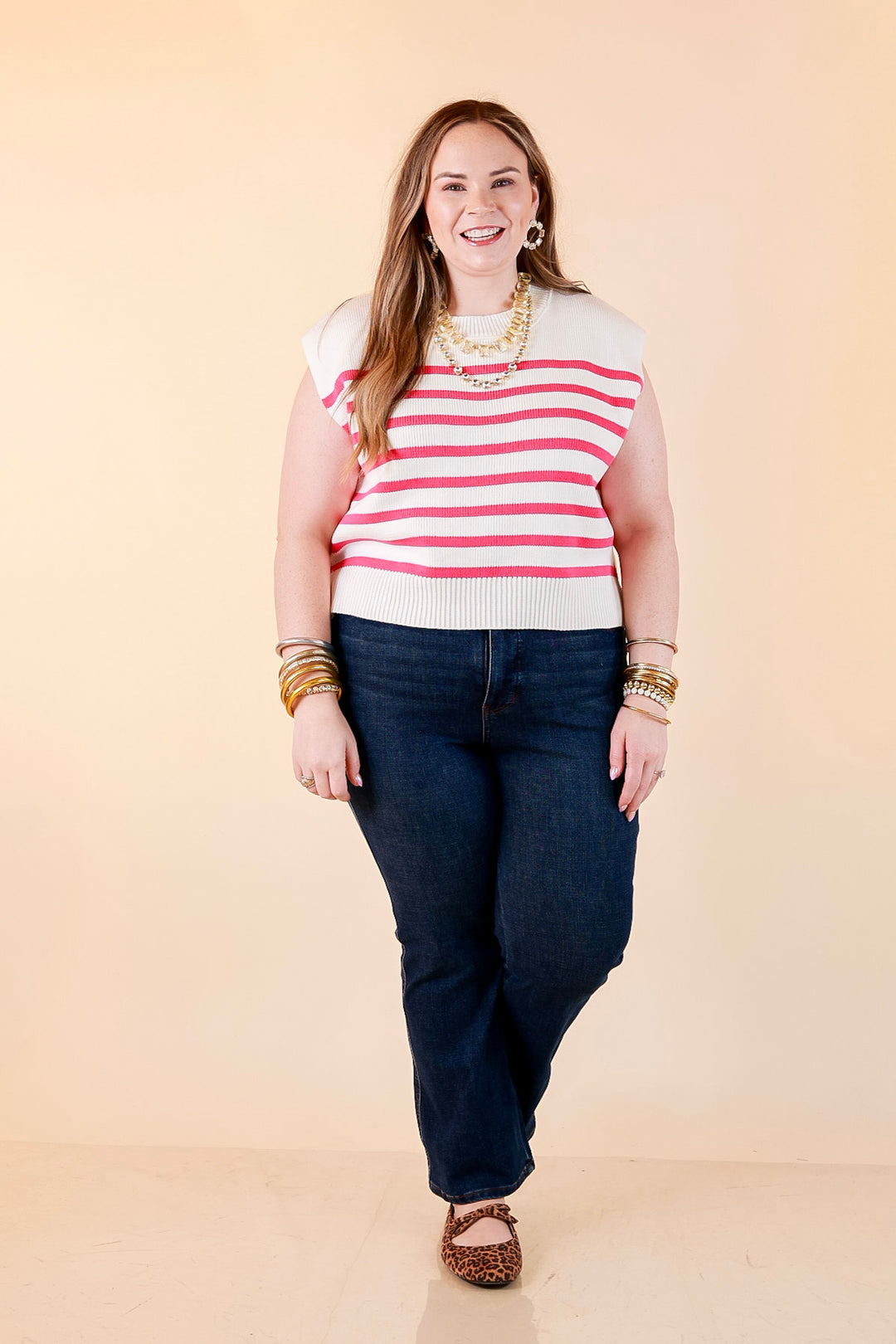 Stripe Things Up Drop Shoulder Knit Sweater in White with Hot Pink Stripes