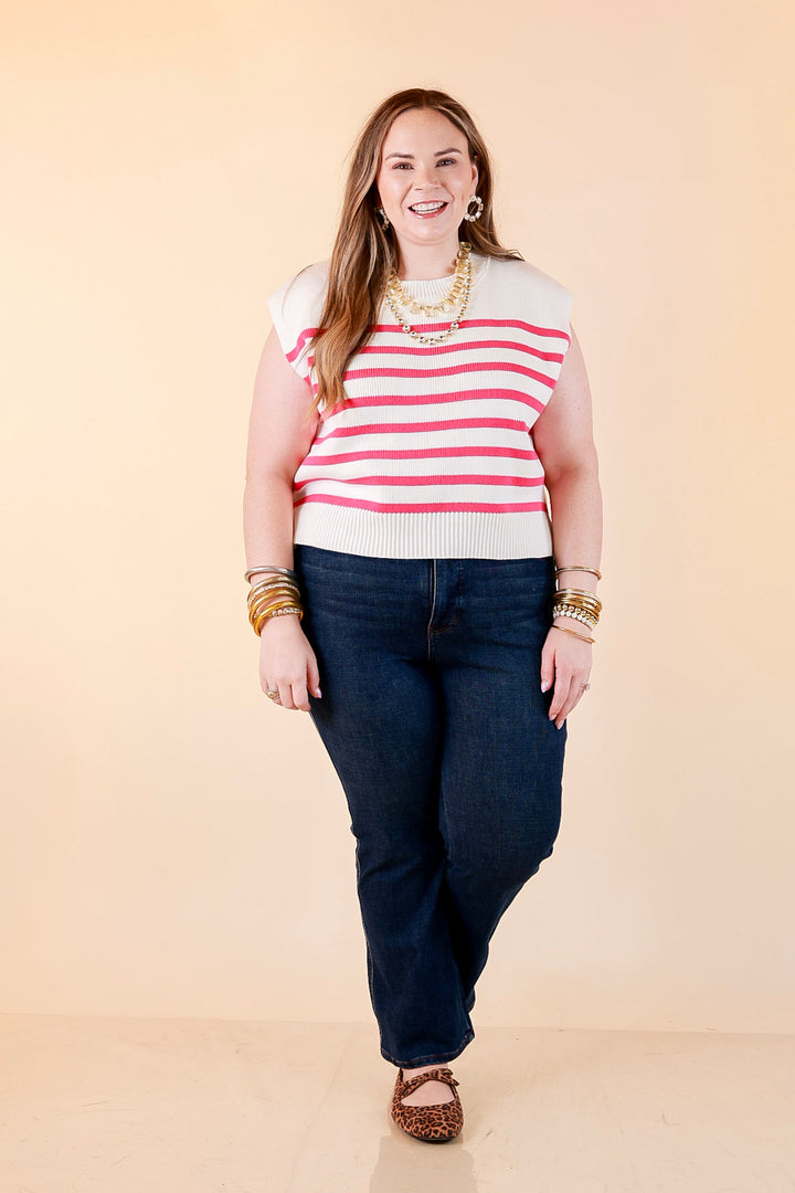 Stripe Things Up Drop Shoulder Knit Sweater in White with Hot Pink Stripes