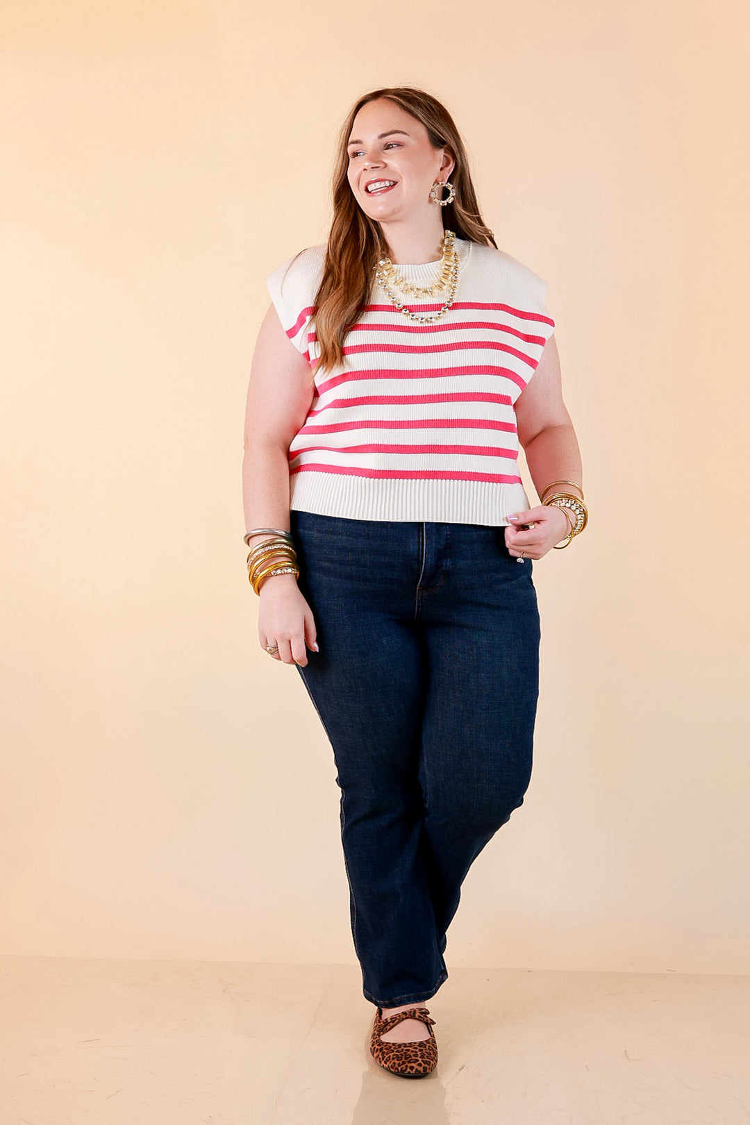 Stripe Things Up Drop Shoulder Knit Sweater in White with Hot Pink Stripes