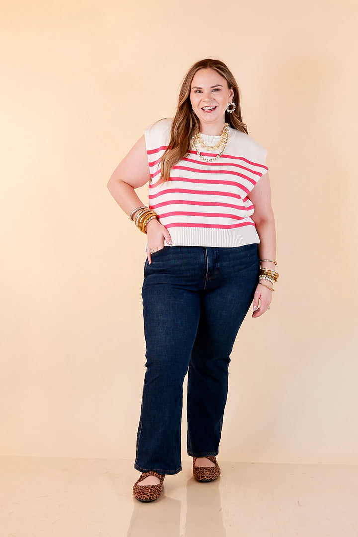 Stripe Things Up Drop Shoulder Knit Sweater in White with Hot Pink Stripes
