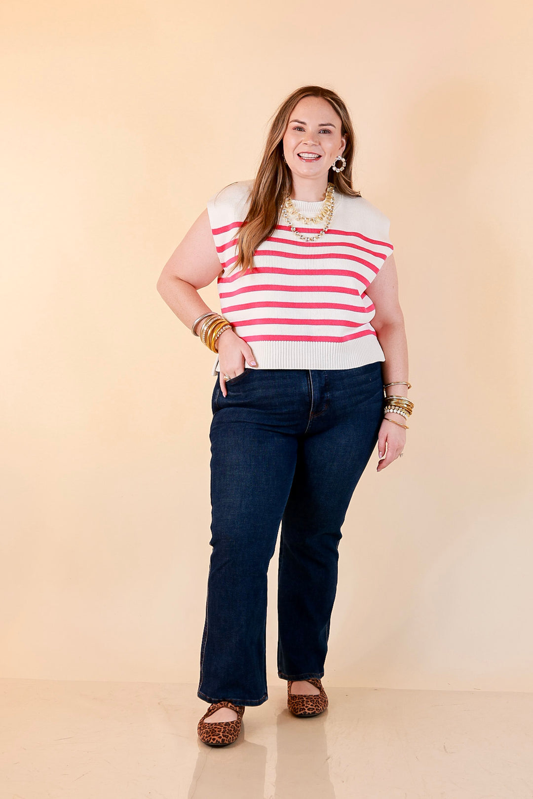 Stripe Things Up Drop Shoulder Knit Sweater in White with Hot Pink Stripes