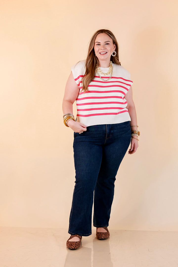 Stripe Things Up Drop Shoulder Knit Sweater in White with Hot Pink Stripes