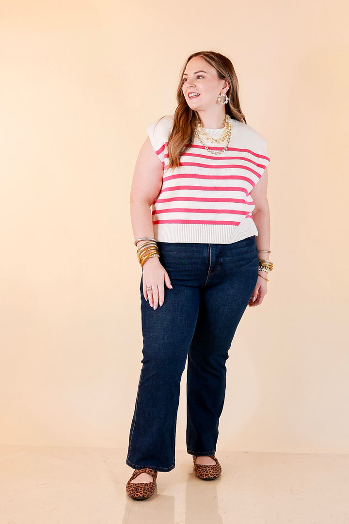 Stripe Things Up Drop Shoulder Knit Sweater in White with Hot Pink Stripes