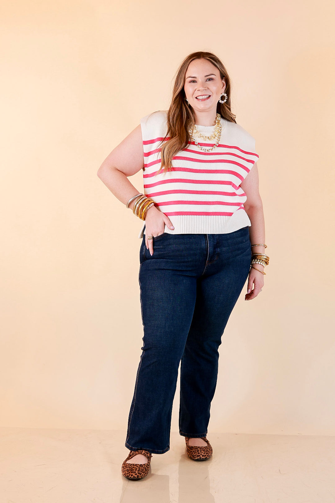 Stripe Things Up Drop Shoulder Knit Sweater in White with Hot Pink Stripes