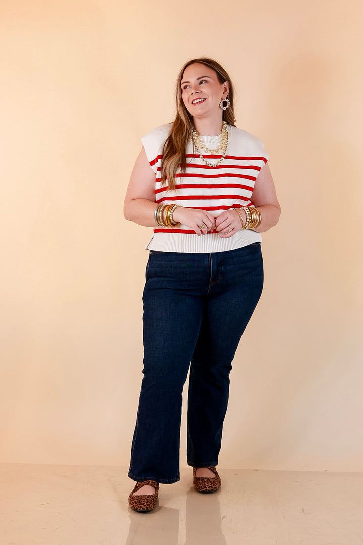 Stripe Things Up Drop Shoulder Knit Sweater in White with Hot Pink Stripes