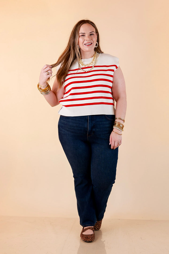 Stripe Things Up Drop Shoulder Knit Sweater in White with Hot Pink Stripes