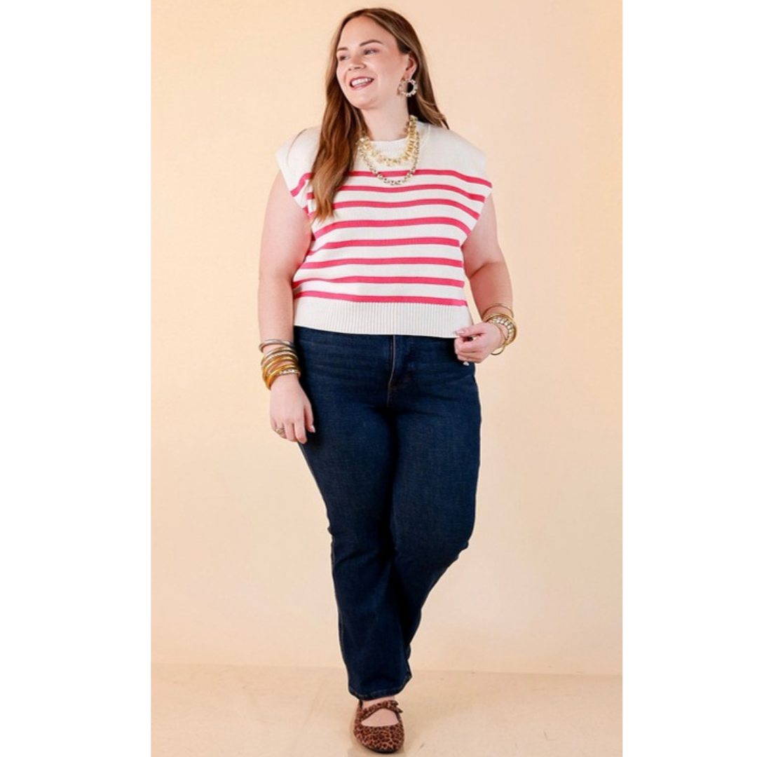 Stripe Things Up Drop Shoulder Knit Sweater in White with Hot Pink Stripes
