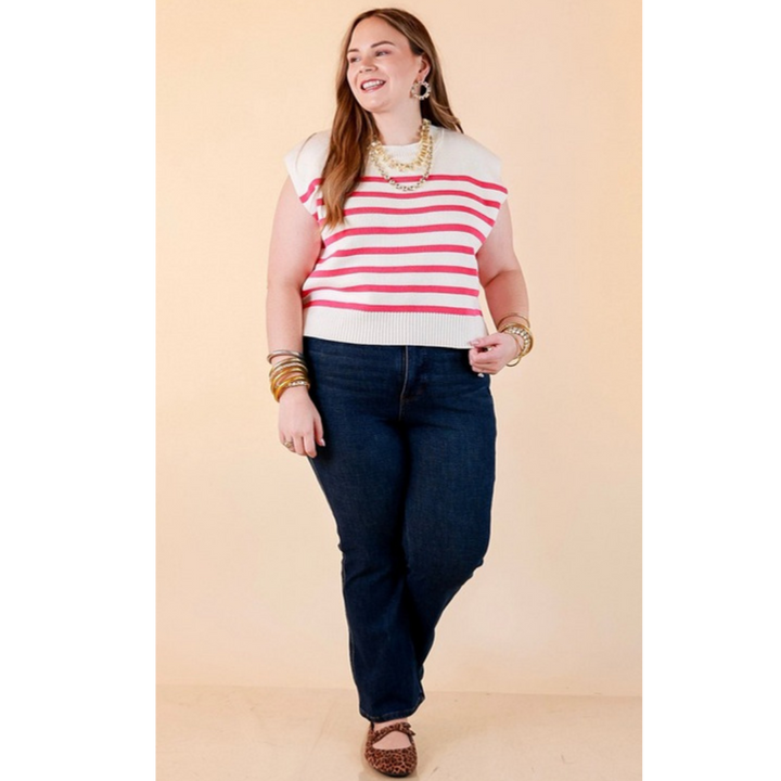 Stripe Things Up Drop Shoulder Knit Sweater in White with Hot Pink Stripes
