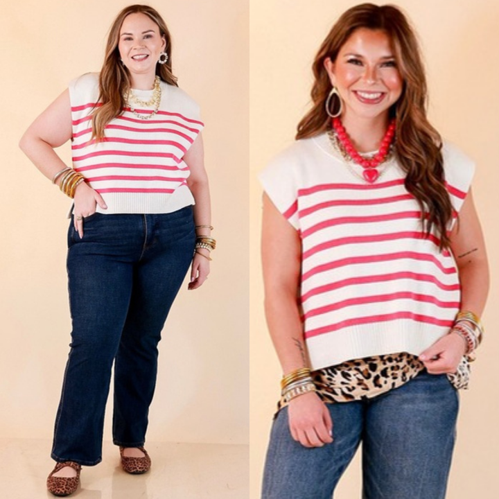 Stripe Things Up Drop Shoulder Knit Sweater in White with Hot Pink Stripes