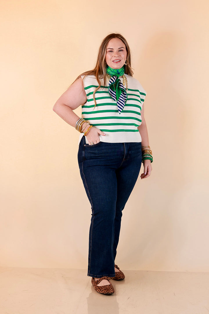 Stripe Things Up Drop Shoulder Knit Sweater in White with Kelly Green Stripes