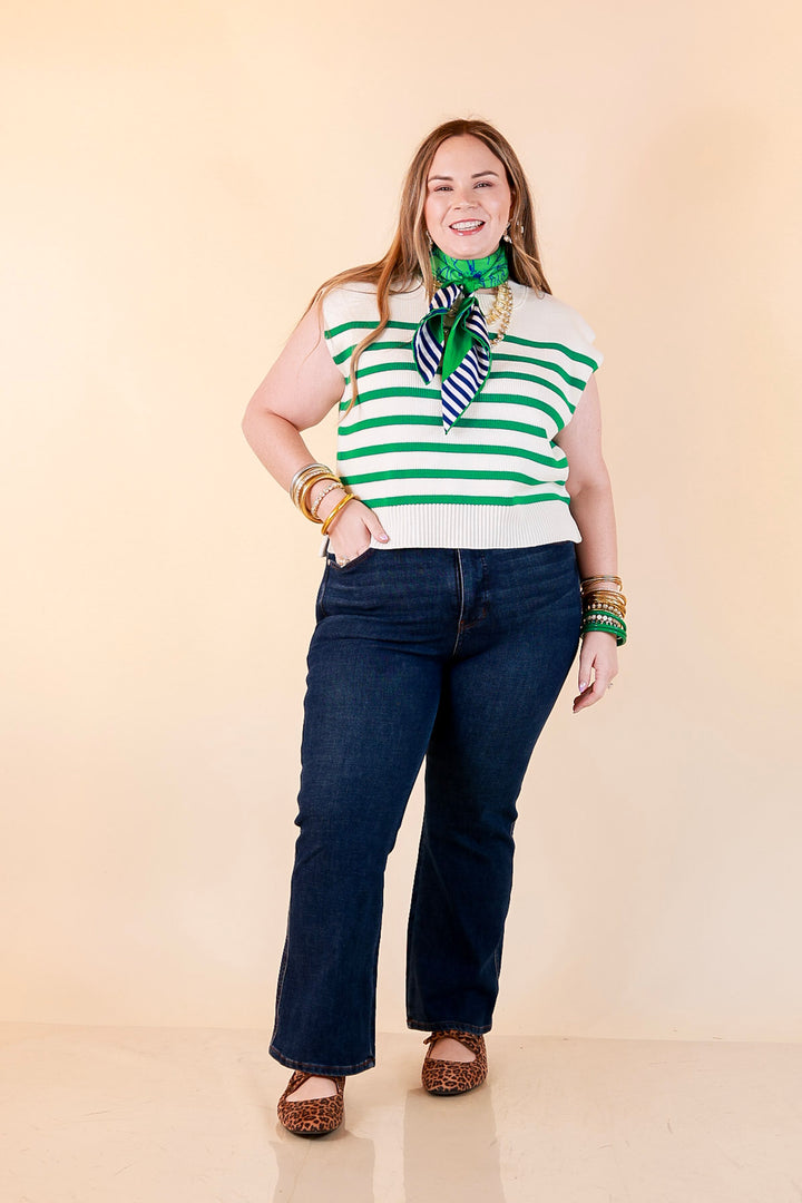 Stripe Things Up Drop Shoulder Knit Sweater in White with Kelly Green Stripes