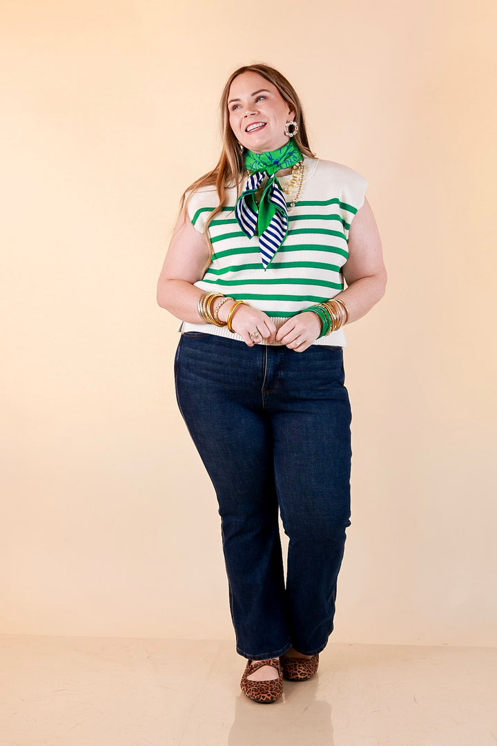 Stripe Things Up Drop Shoulder Knit Sweater in White with Kelly Green Stripes